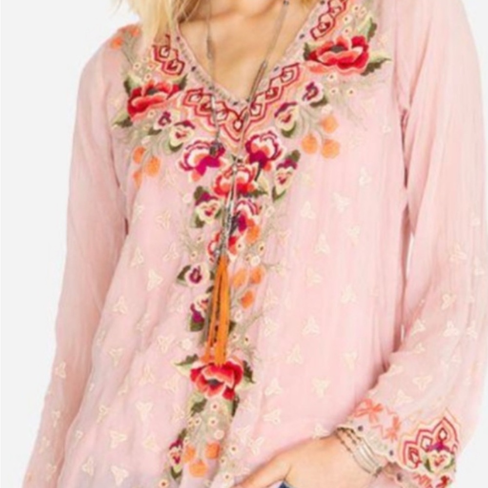 Johnny Was Pink Floral Embroidered Blouse